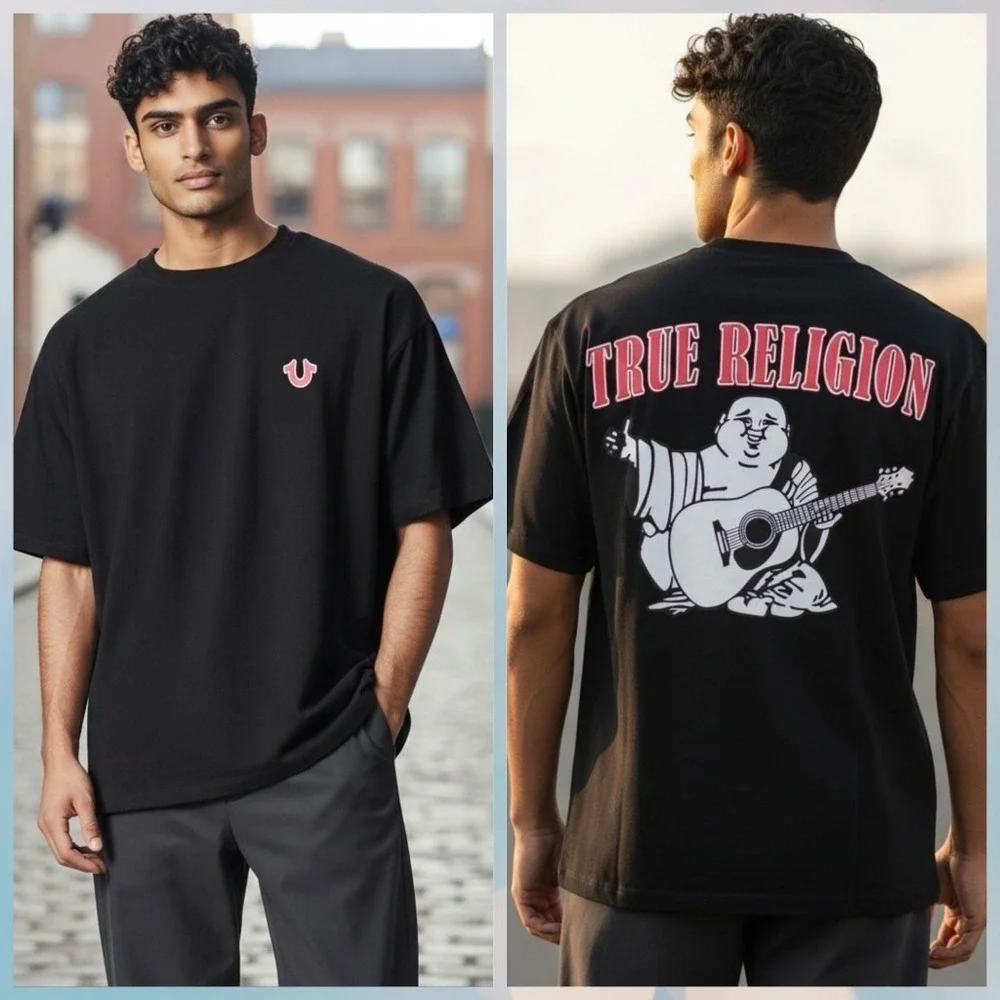 True Religion Black Graphic Buddha Horseshoe Large Short Sleeve T-Shirt